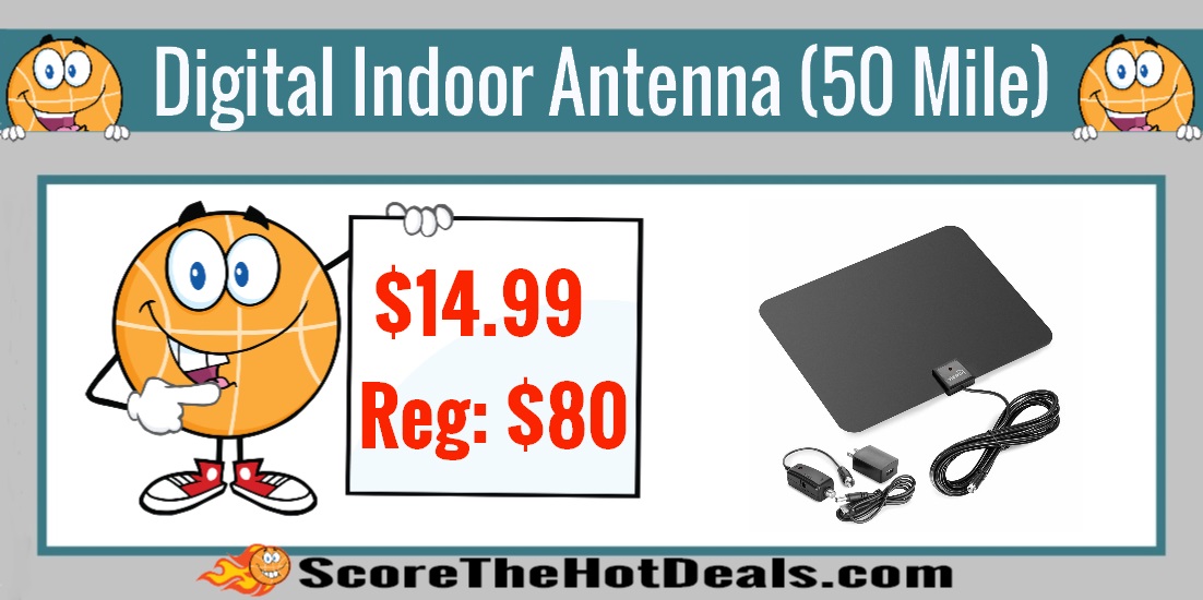 Amplified Digital Indoor TV Antenna (50 Mile Range)