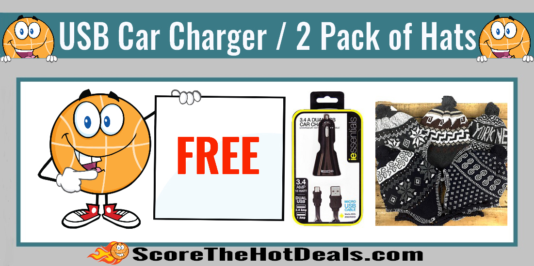 Dual USB Car Charger and 2 Pack of Knit Earflap Winter Hats